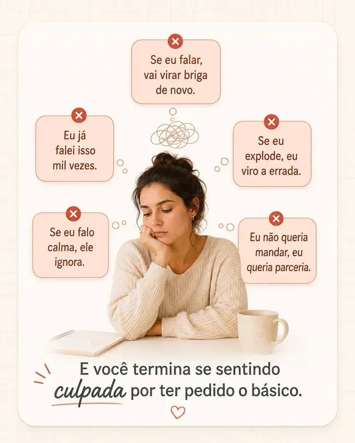 Pensamentos da mulher: Se eu falar vai virar briga, Eu já falei mil vezes, Se eu explodo viro a errada, Eu não queria mandar, eu queria parceria.